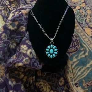 Vintage Native American silver turquoise cluster starburst pendant necklace